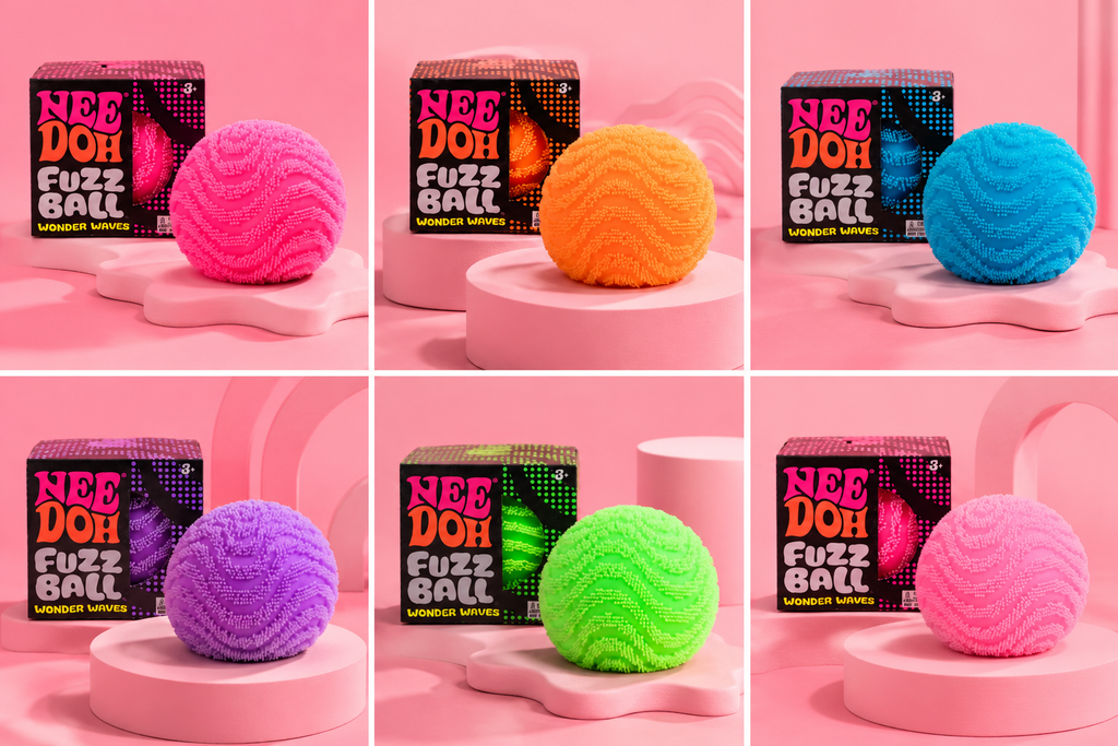 Soft fuzzy stress relief balls by NeeDoh arranged in aesthetic product photography