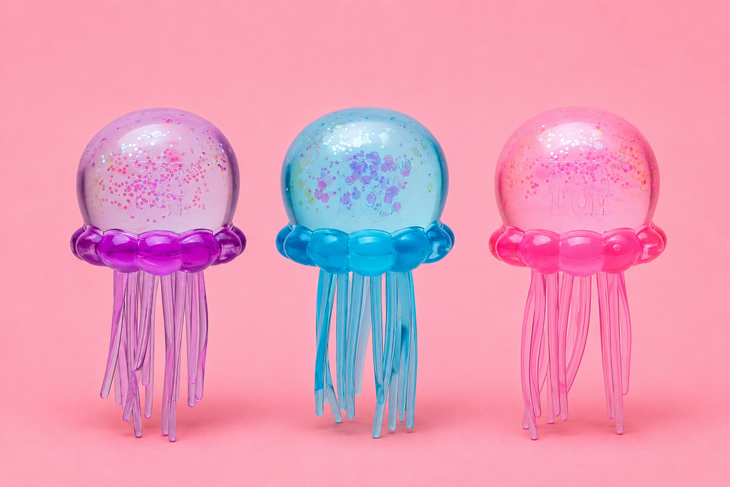 Glitter NeeDoh jellyfish sensory toys in pastel blue pink and purple