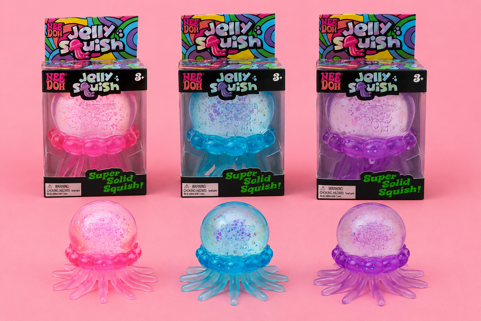 Glitter NeeDoh jellyfish sensory toys in pastel blue pink and purple
