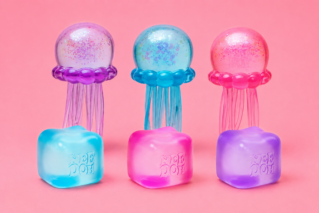 Colorful NeeDoh sensory toy collection with jellyfish squishies and soft cubes on pink background