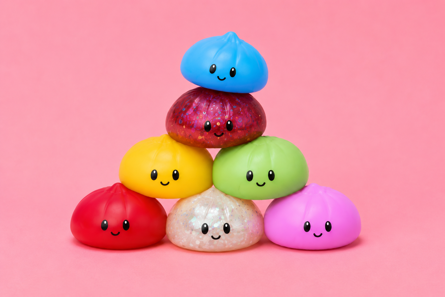 Colorful squishy dumpling sensory toys stacked together on pink background