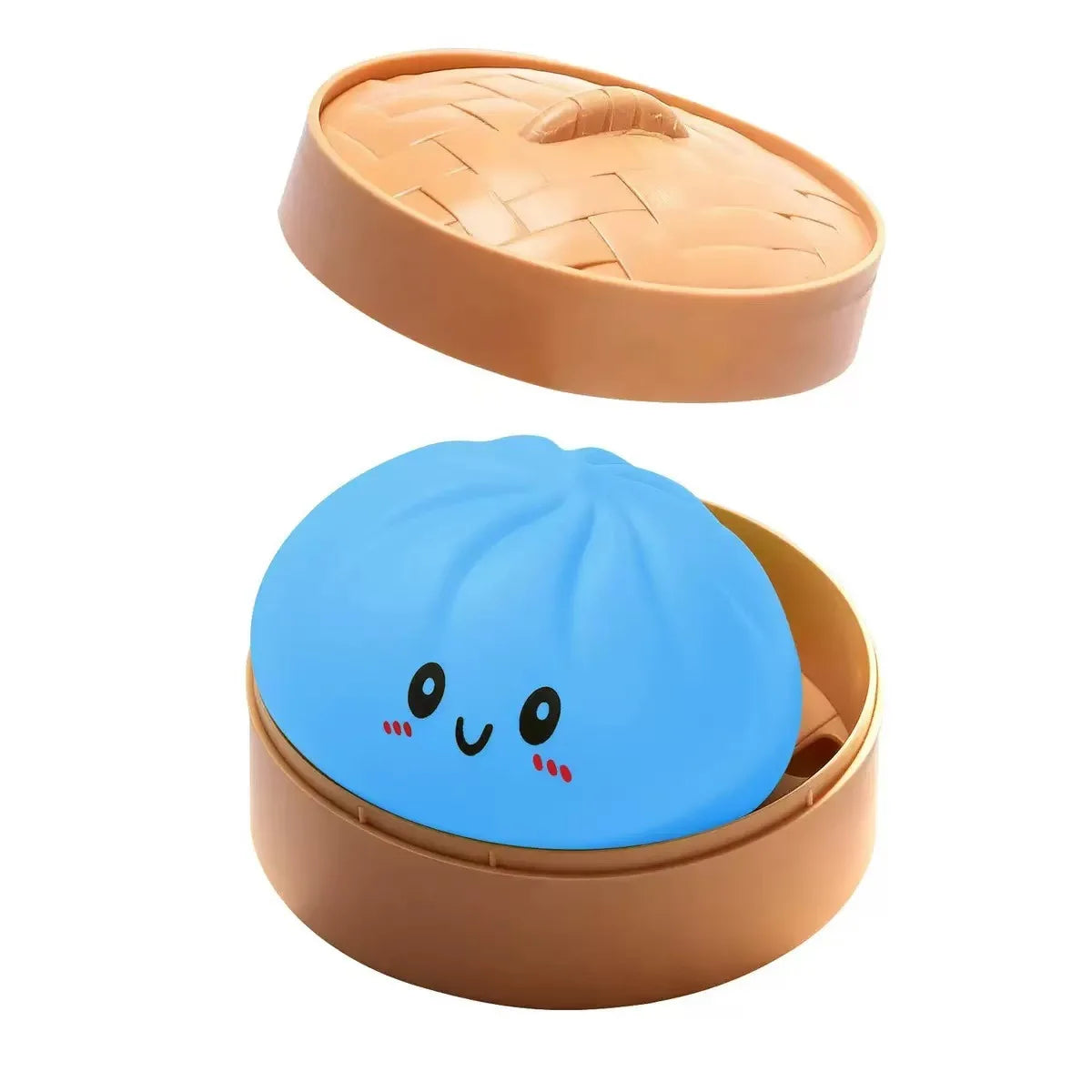Blue squishy dumpling sensory toy on pink background