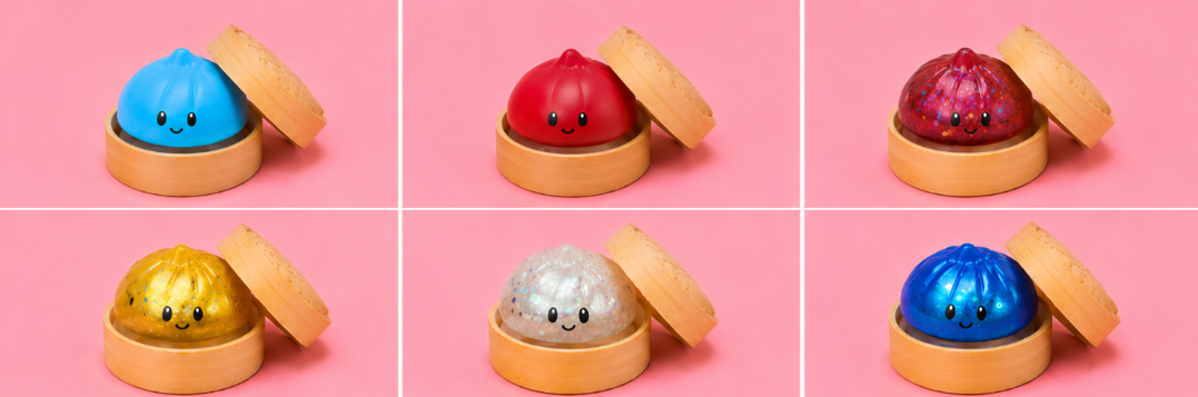 Colorful squishy dumpling sensory toys stacked together on pink background