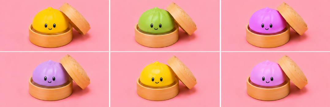 Colorful squishy dumpling sensory toys stacked together on pink background