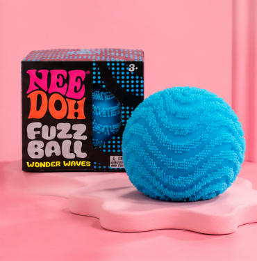 Blue NeeDoh Fuzz Ball viral sensory toy on studio background